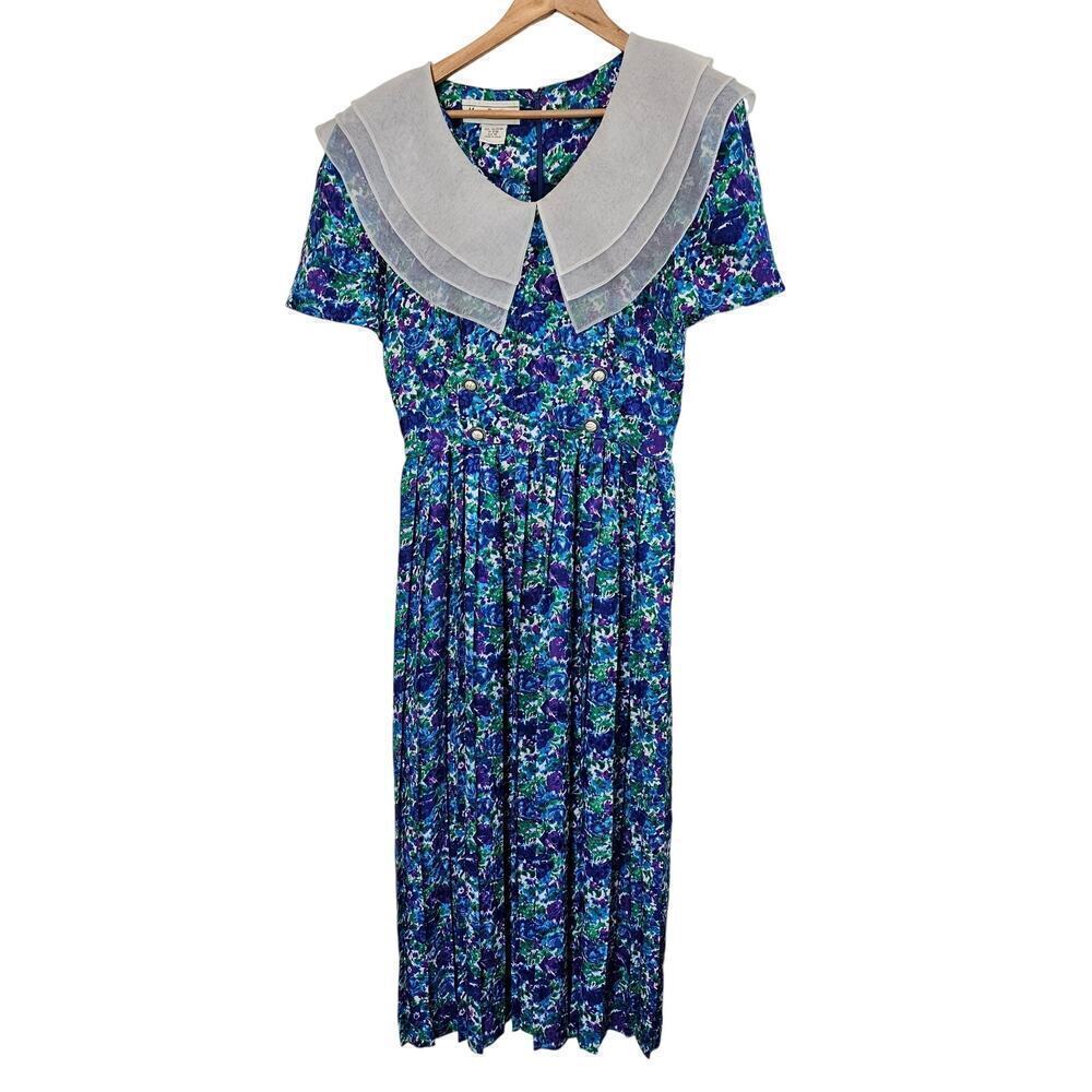 Vintage 80s Maggy Boutique Dress Size 10 Blue Floral Pleated Preppy Retro